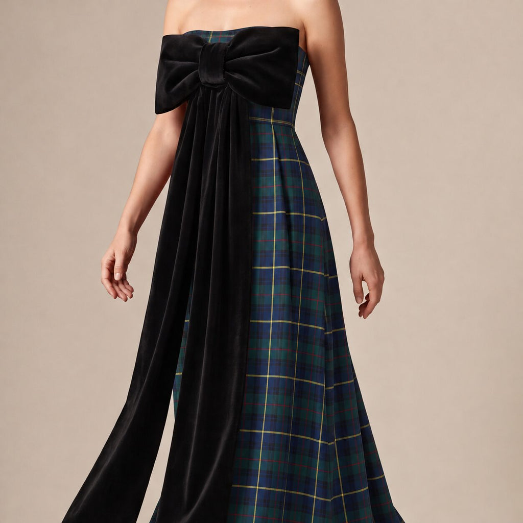 The Bow Dress in Blue & Green Scottish Tartan — Mrs. Francoise Holidays 2026