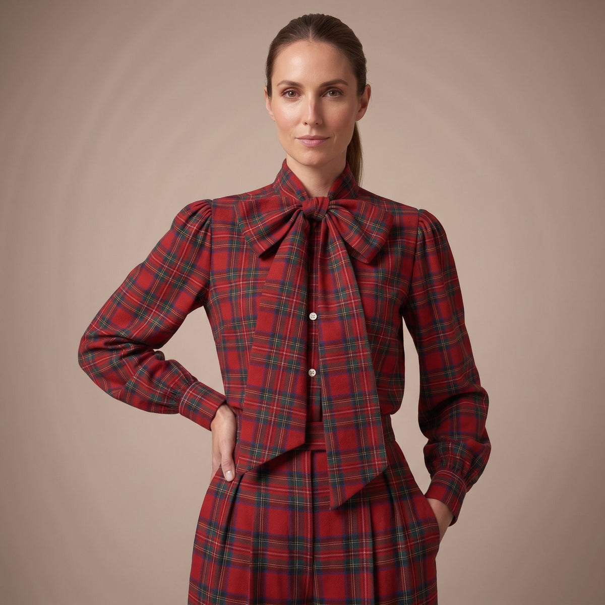 The Bow Shirt in Red Stewart Tartan — Mrs. Francoise Holidays 2026