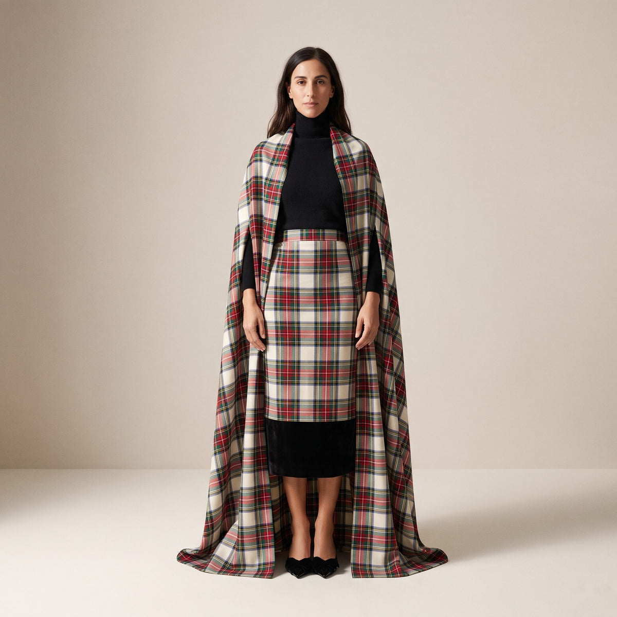 The Carol Cape in Ivory Highland Tartan — Mrs. Francoise Holidays 2026