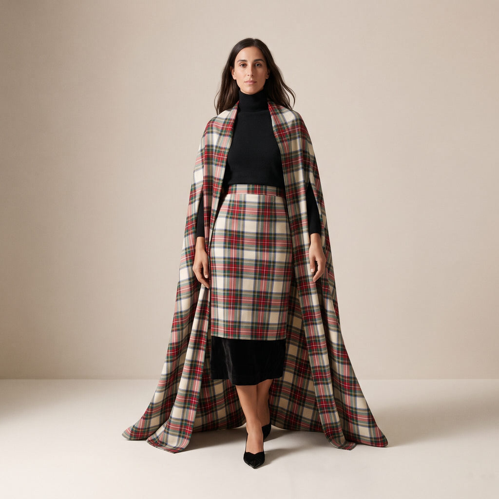 The Carol Cape in Ivory Highland Tartan — Mrs. Francoise Holidays 2026