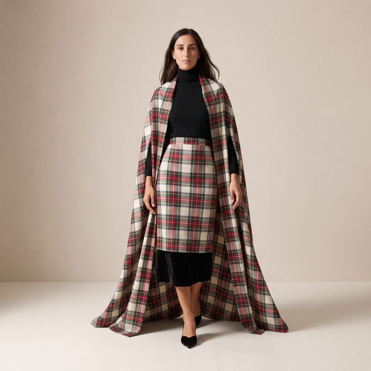 The Carol Cape in Ivory Highland Tartan — Mrs. Francoise Holidays 2026