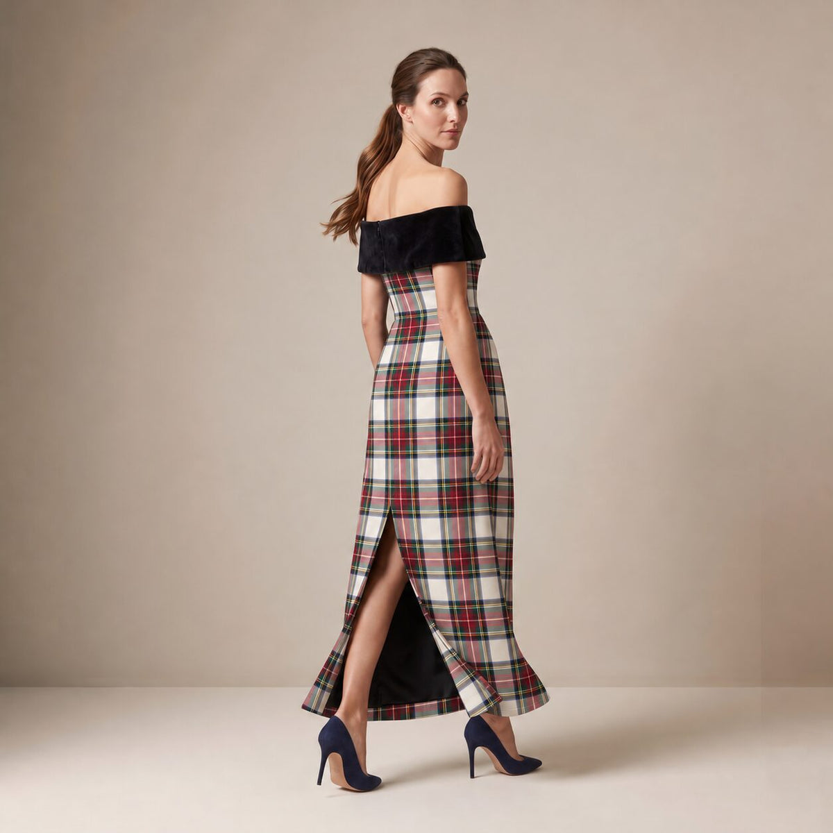 The Cinema Dress in Ivory Highland Tartan — Mrs. Francoise Holidays 2026