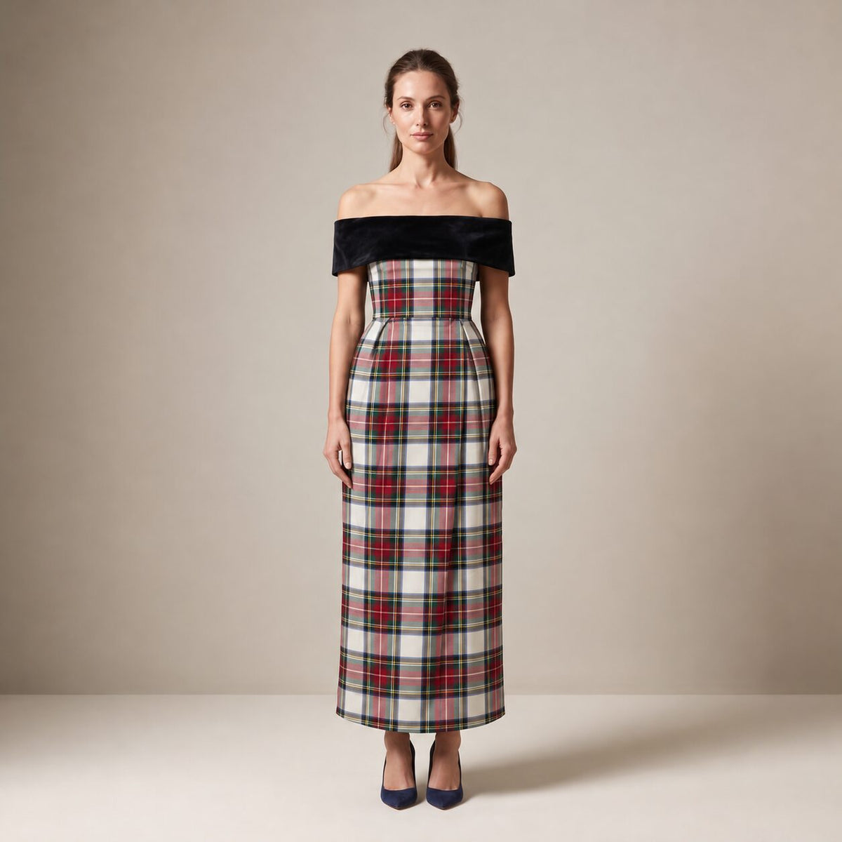 The Cinema Dress in Ivory Highland Tartan — Mrs. Francoise Holidays 2026
