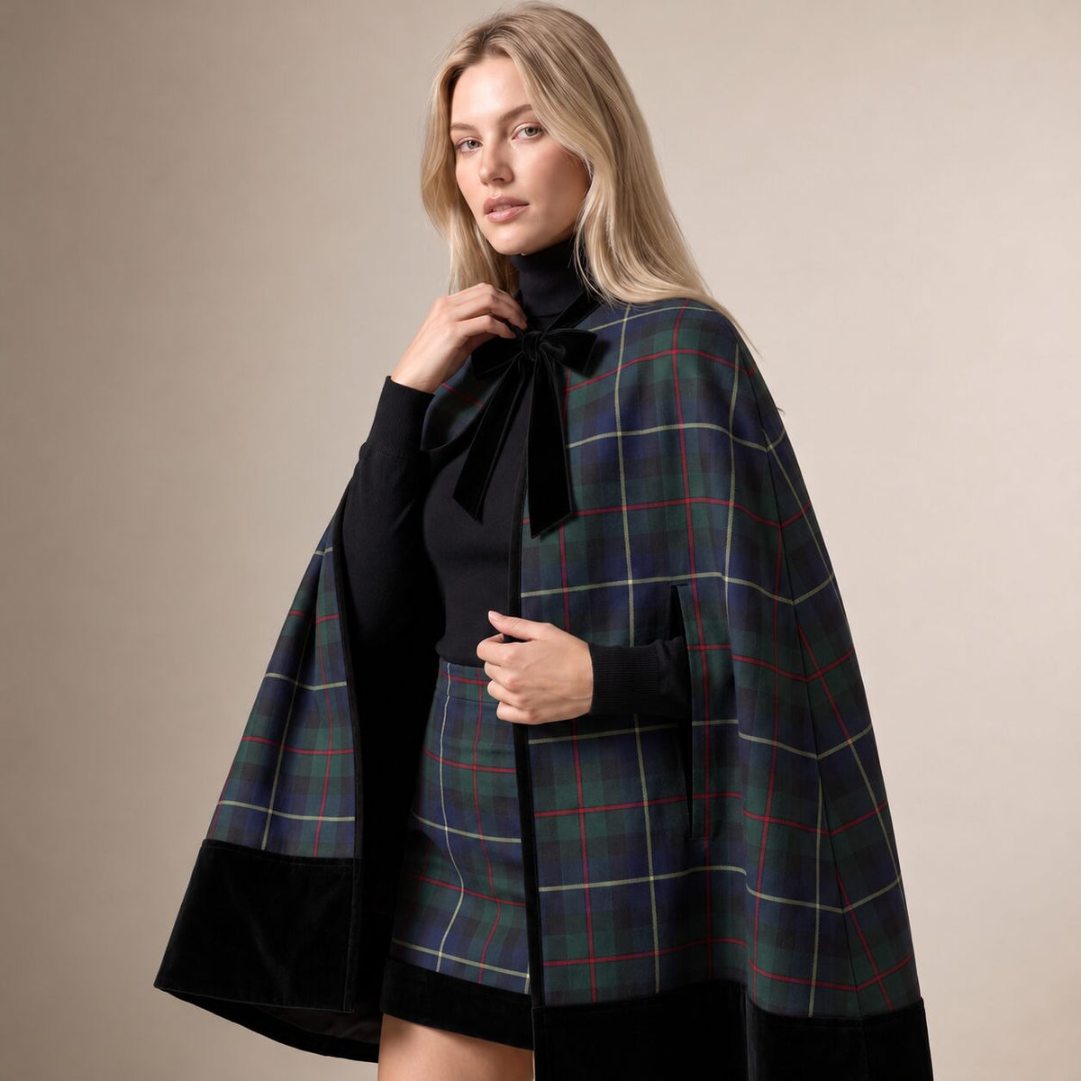 The Doorstep Cape in Navy Windowpane Check — Mrs. Francoise Holidays 2026