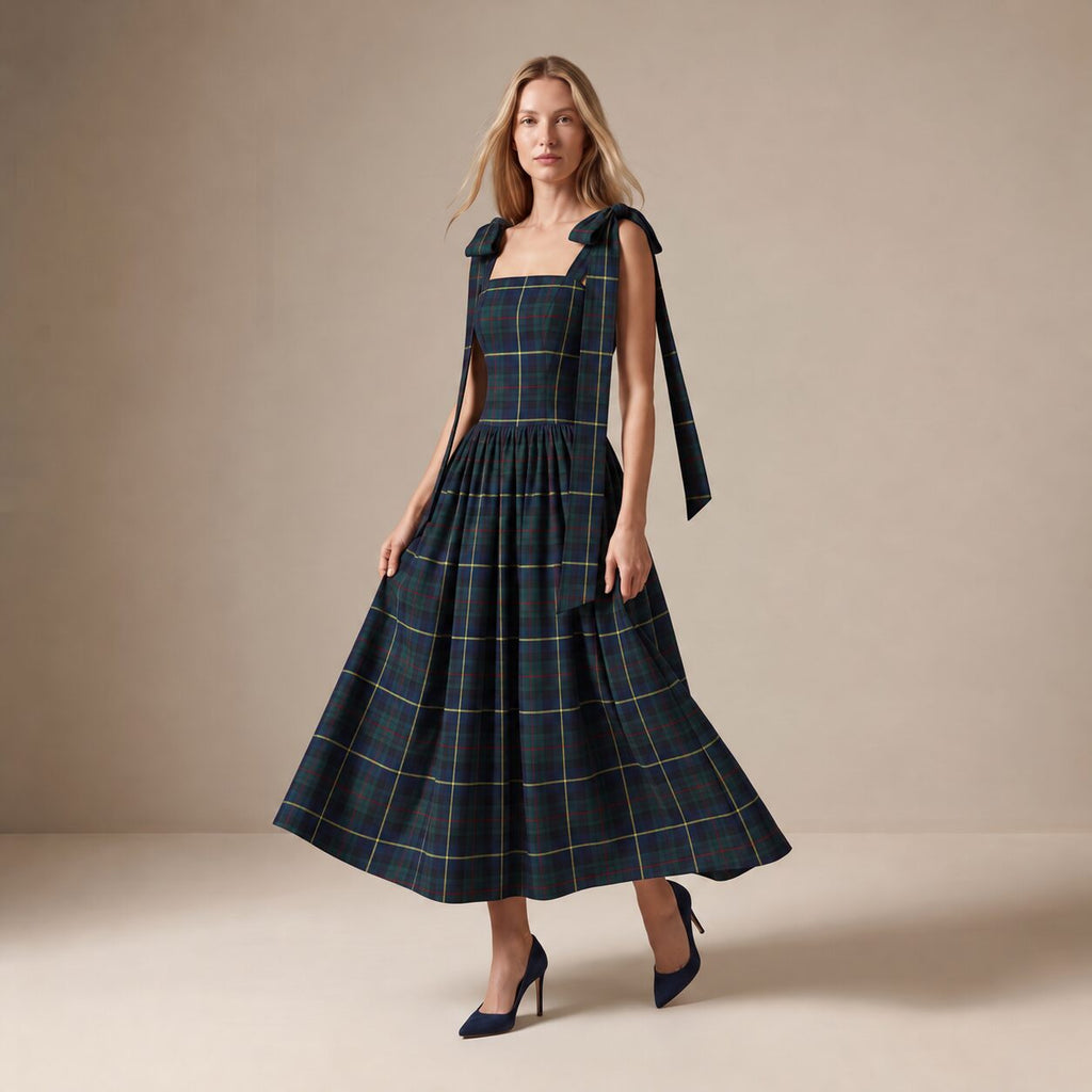 The Festive Dress in Blue, Green & Stripes MacLeod Tartan — Mrs. Francoise Holidays 2026