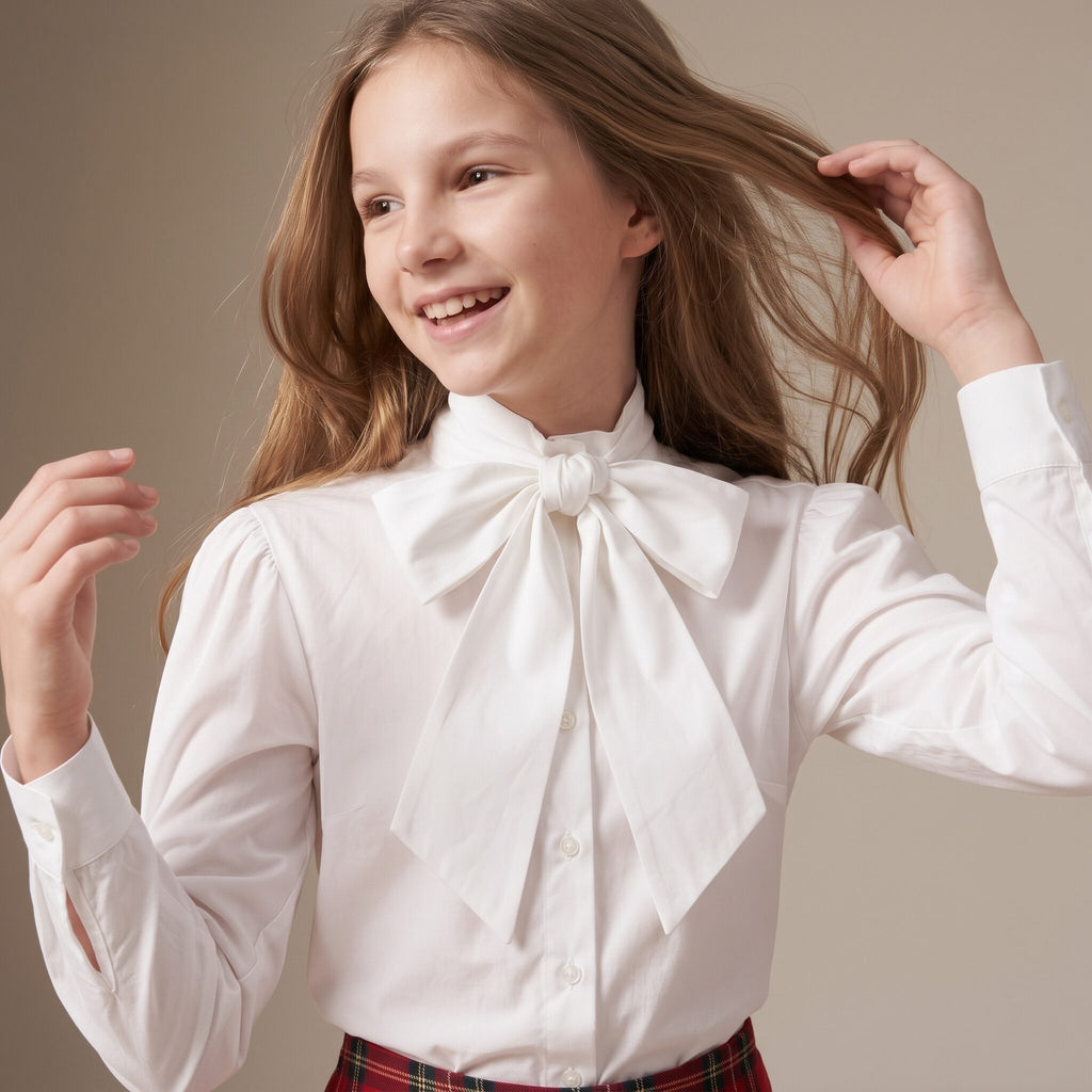 Little Bow Blouse in Ivory Highland Tartan — Mrs. Francoise Holidays 2026