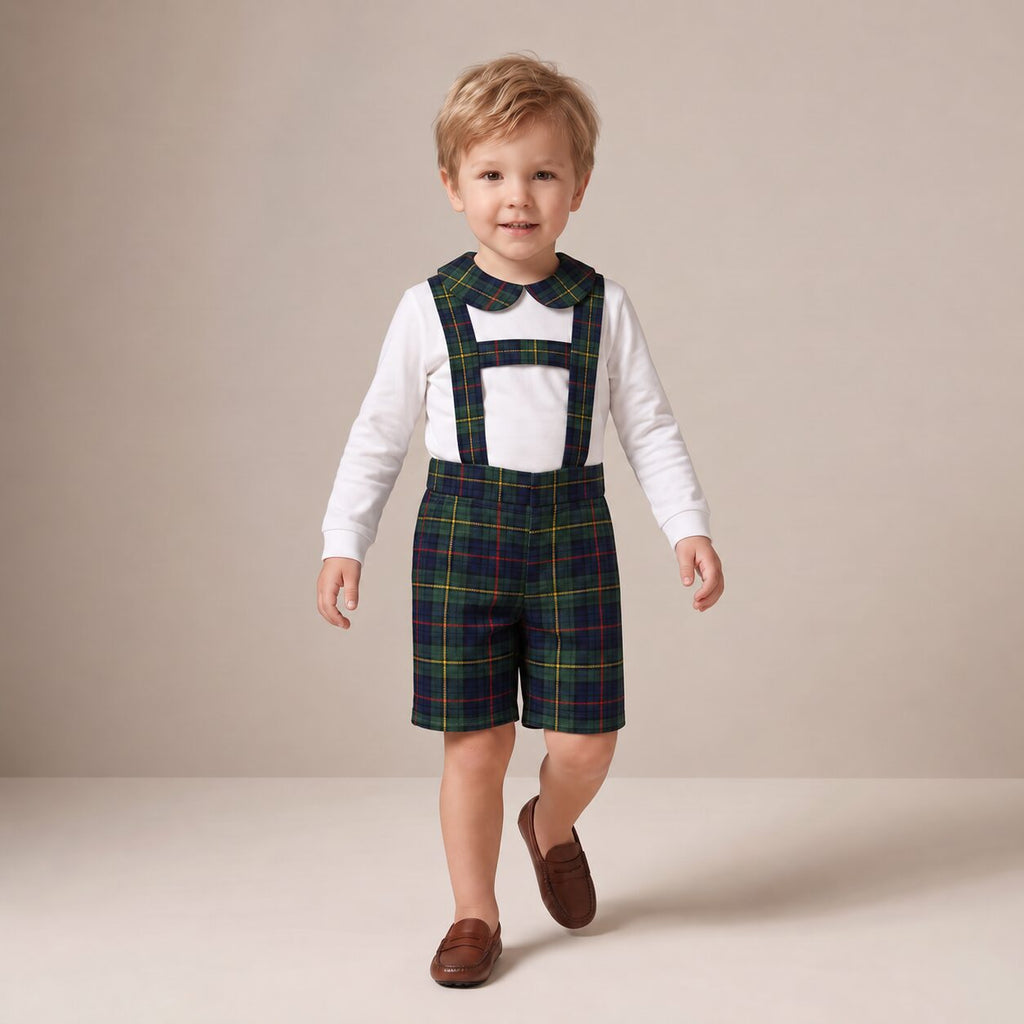 Little Dungaree Shorts in Blue & Green Scottish Tartan — Mrs. Francoise Holidays 2026