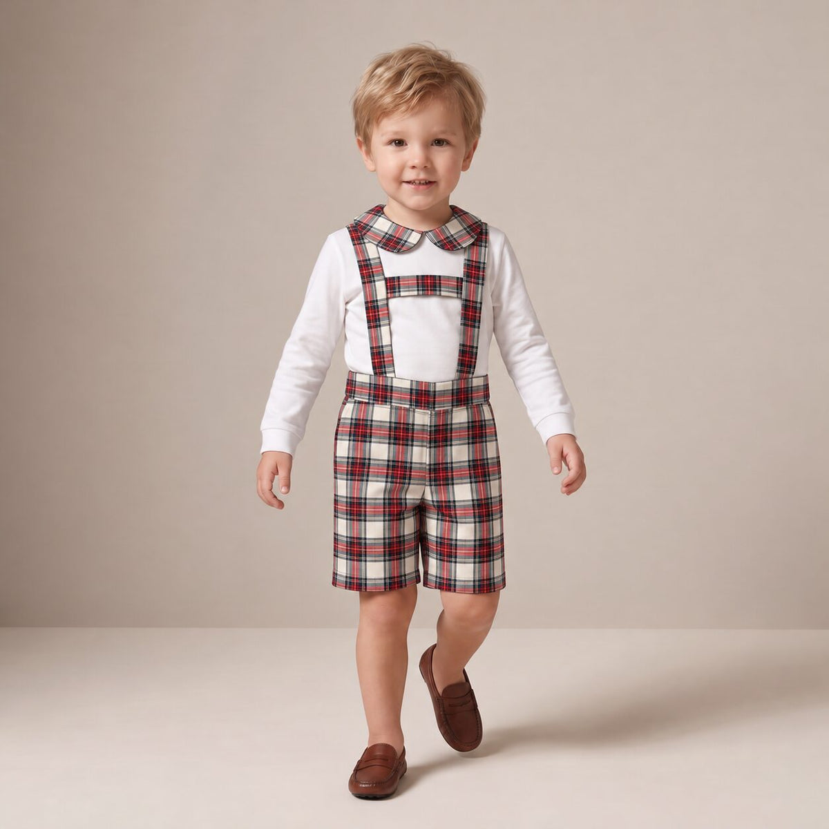 Little Dungaree Shorts in Ivory Highland Tartan — Mrs. Francoise Holidays 2026