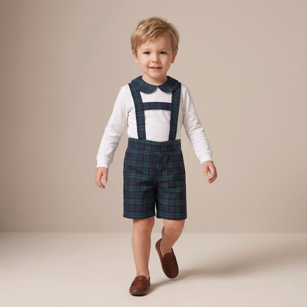 Little Dungaree Shorts in Red Stewart Tartan — Mrs. Francoise Holidays 2026