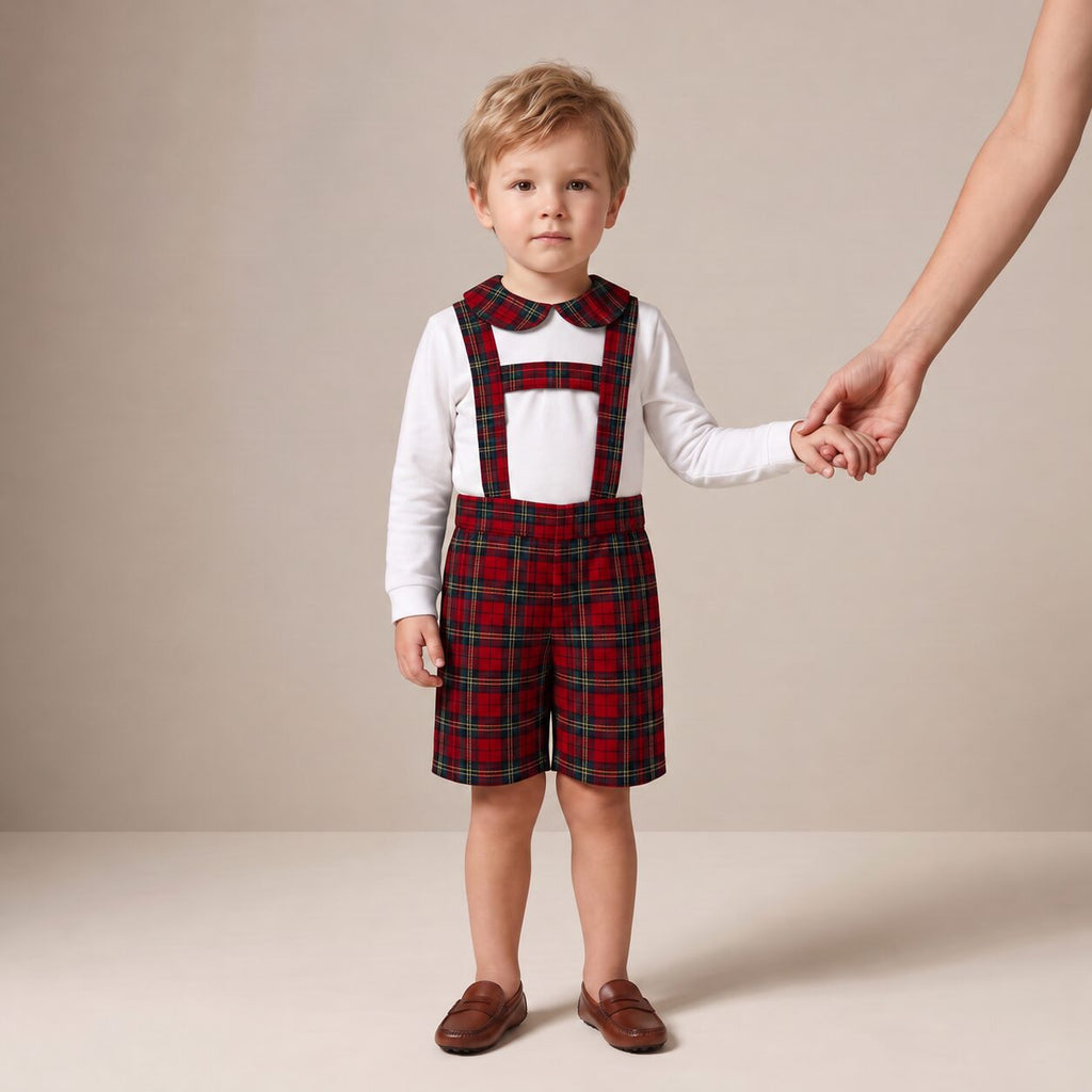 Little Dungaree Shorts in Red Stewart Tartan — Mrs. Francoise Holidays 2026