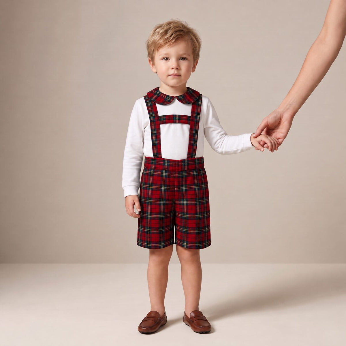 Little Dungaree Shorts in Red Stewart Tartan — Mrs. Francoise Holidays 2026