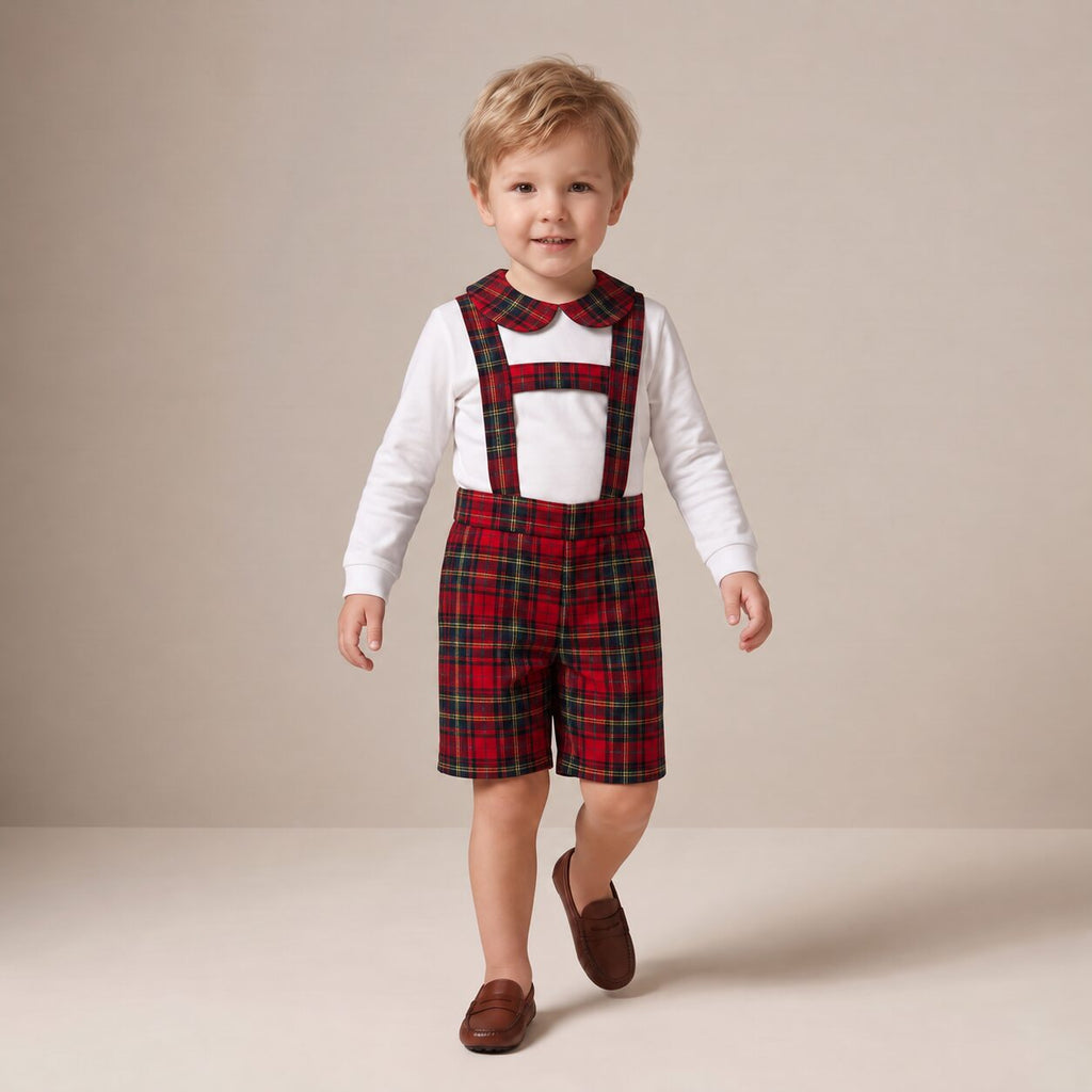 Little Dungaree Shorts in Red Stewart Tartan — Mrs. Francoise Holidays 2026