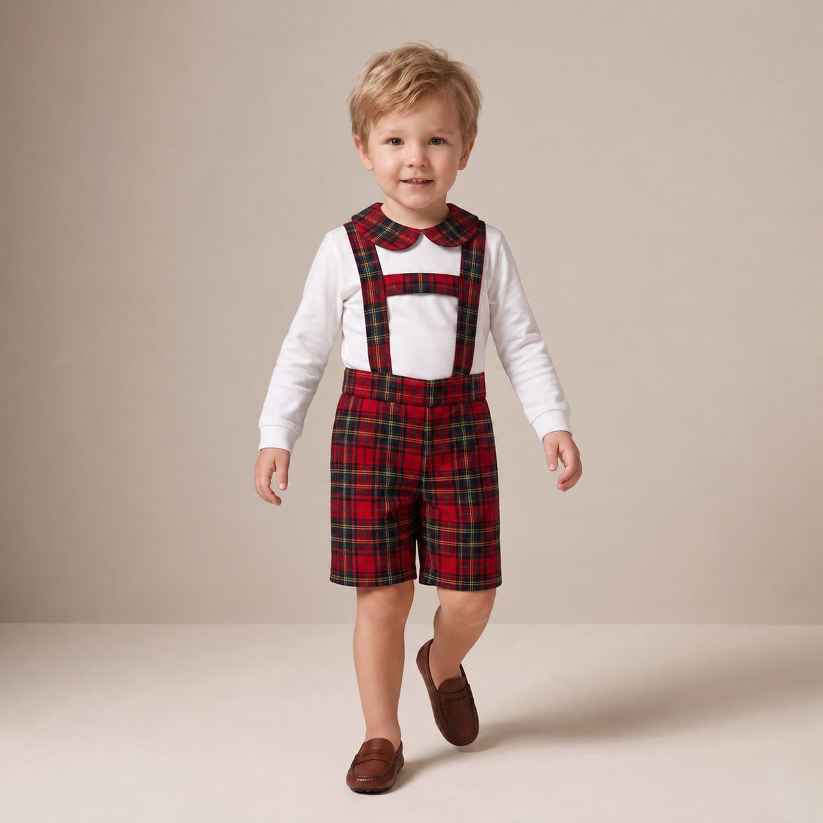 Little Dungaree Shorts in Red Stewart Tartan — Mrs. Francoise Holidays 2026