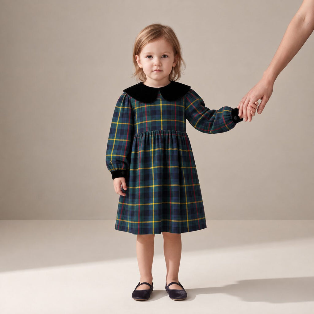 Little Festive Dress in Blue, Green & Stripes MacLeod Tartan — Mrs. Francoise Holidays 2026