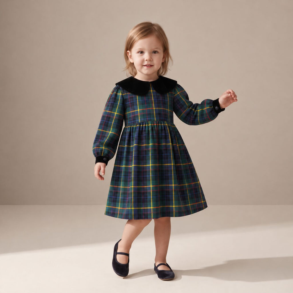 Little Festive Dress in Blue, Green & Stripes MacLeod Tartan — Mrs. Francoise Holidays 2026