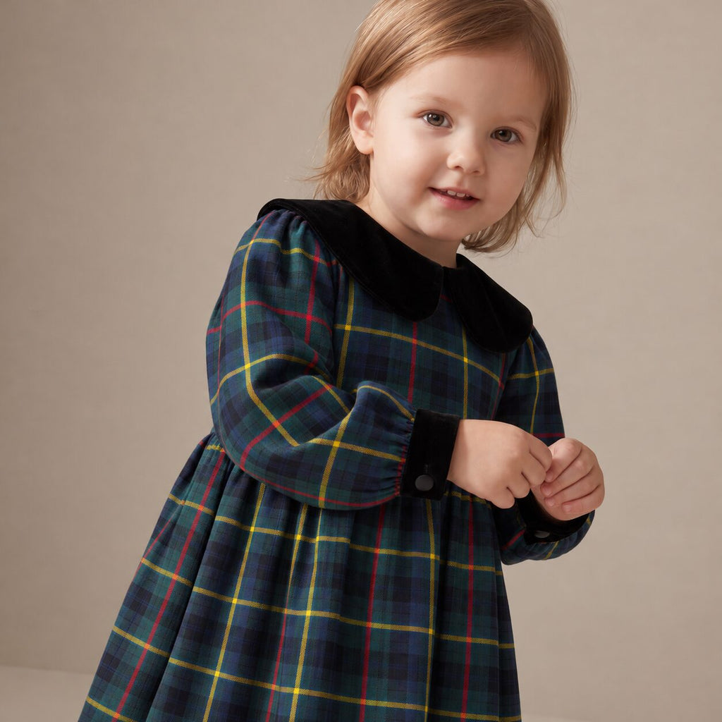 Little Festive Dress in Blue, Green & Stripes MacLeod Tartan — Mrs. Francoise Holidays 2026