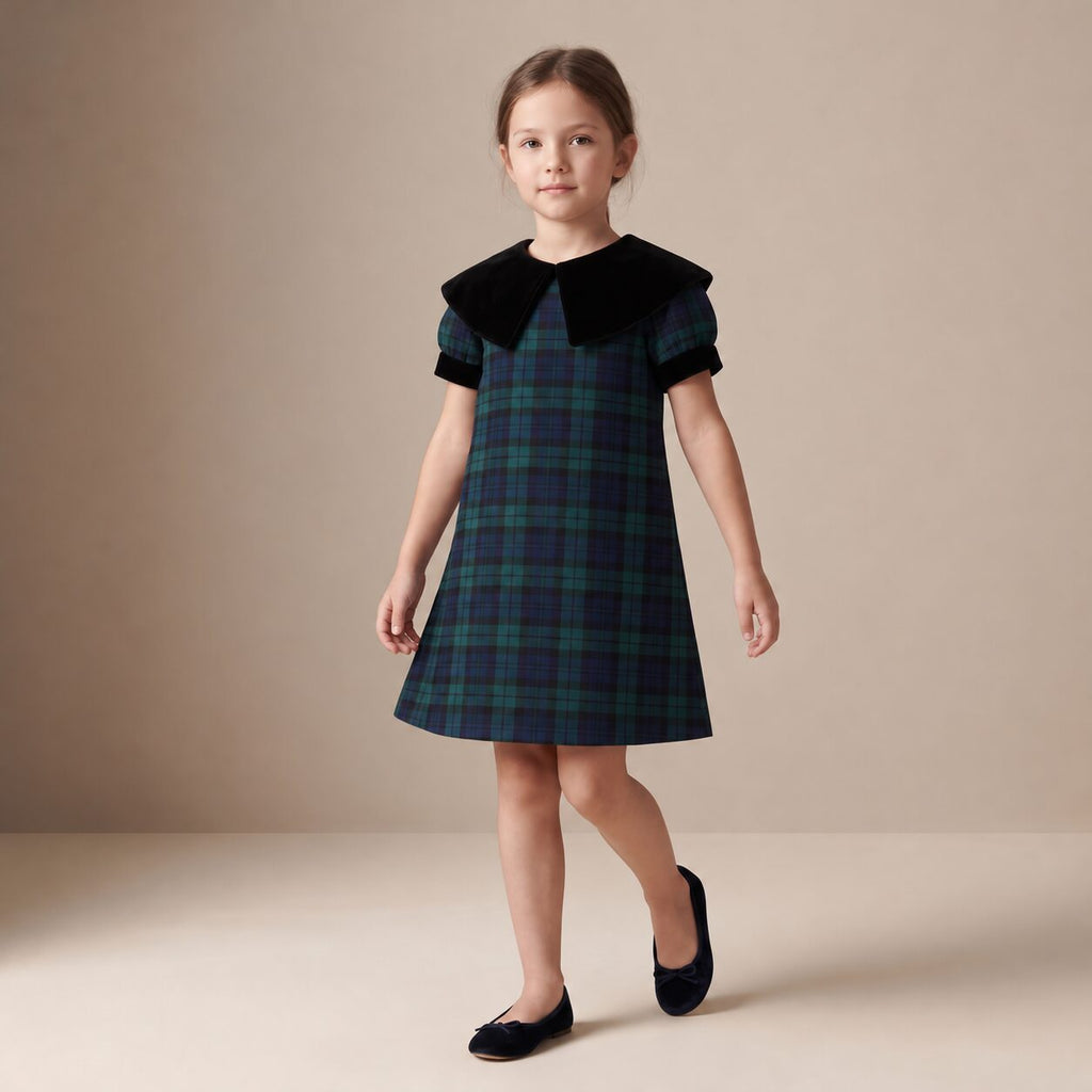 Little Italian Dress in Blue & Green Scottish Tartan — Mrs. Francoise Holidays 2026