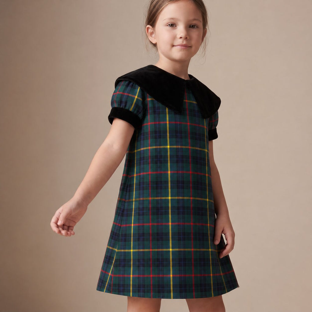 Little Italian Dress in Blue, Green & Stripes MacLeod Tartan — Mrs. Francoise Holidays 2026