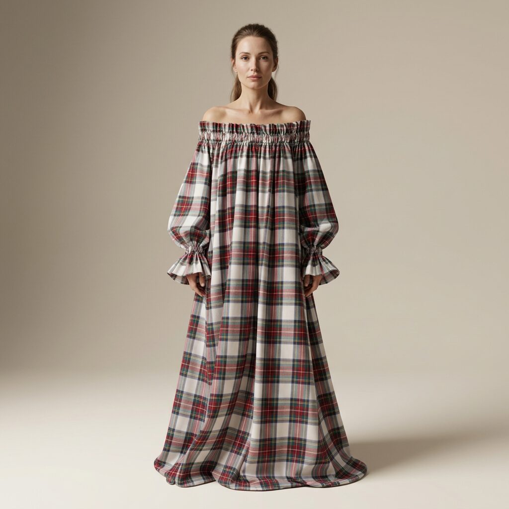 The Maximalist Dress in Ivory Highland Tartan — Mrs. Francoise Holidays 2026