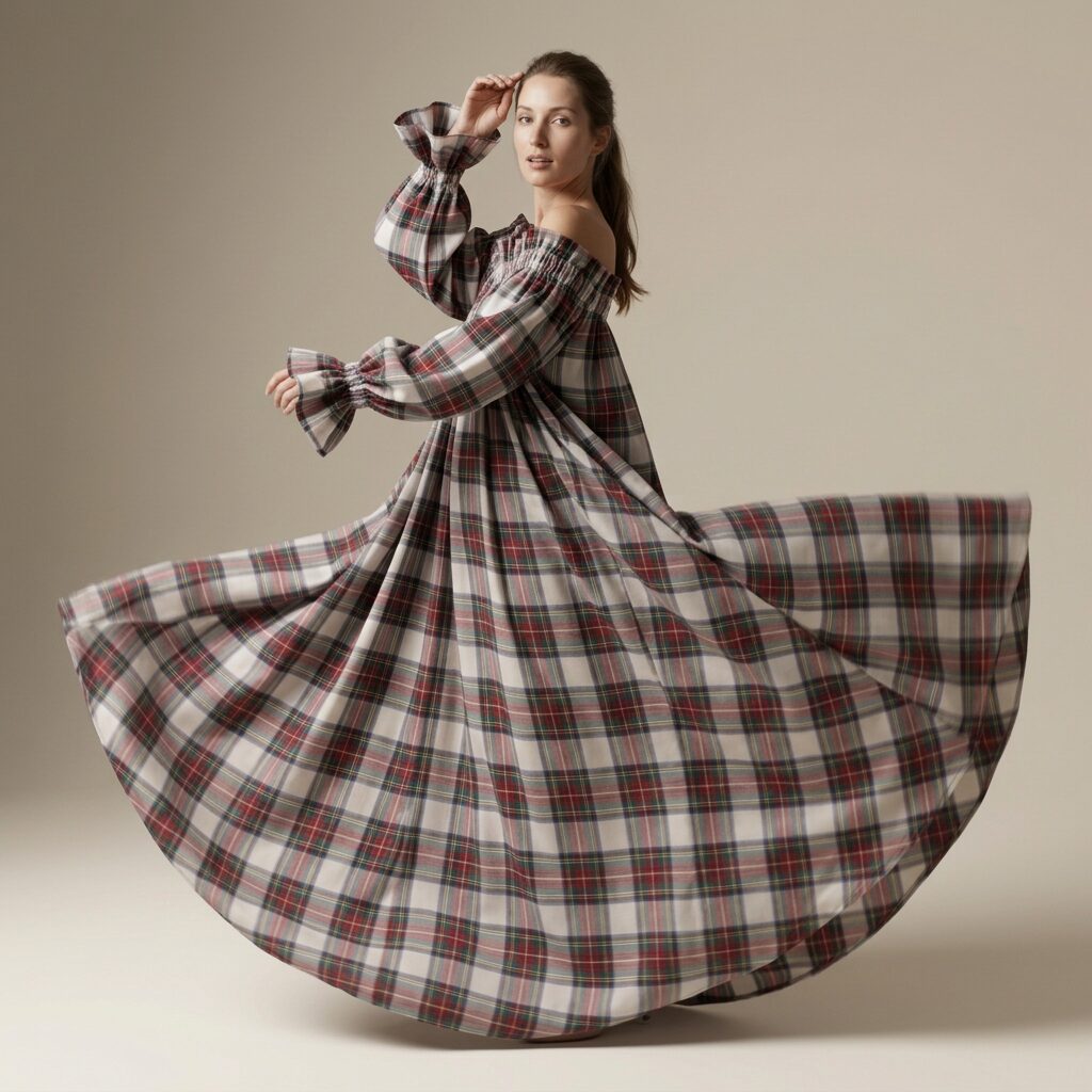 The Maximalist Dress in Ivory Highland Tartan — Mrs. Francoise Holidays 2026