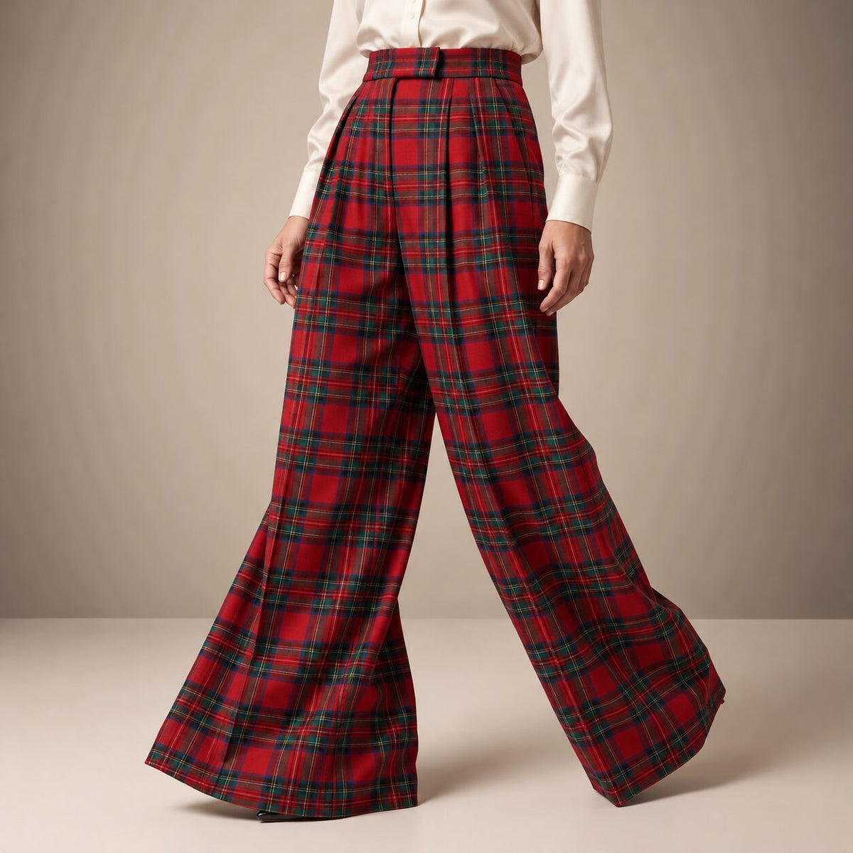 The Smoking Pants in Ivory Highland Tartan — Mrs. Francoise Holidays 2026