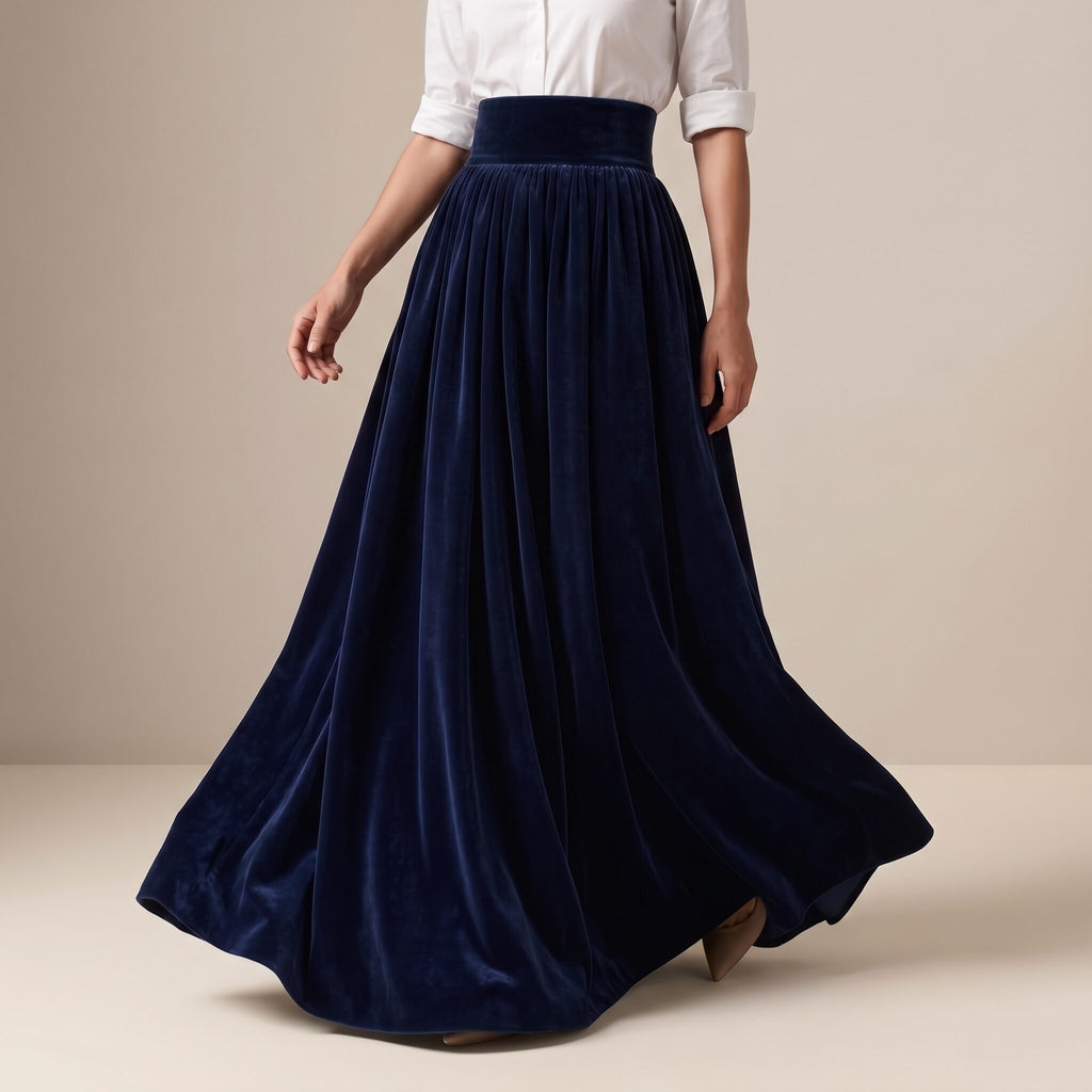 The Velvet Ball Skirt in Navy Velvet — Mrs. Francoise Holidays 2026